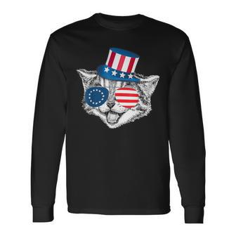 Patriotic Cat Betsy Ross American Flag Battle 13 Stars Long Sleeve T-Shirt - Monsterry DE