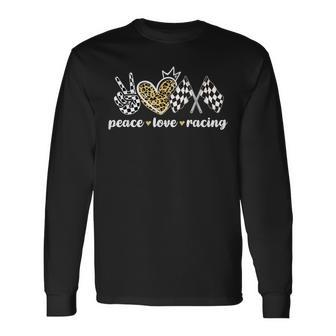 Peace Love Racing Leopard Print V Sign Heart Flag Racing Long Sleeve T-Shirt - Monsterry DE