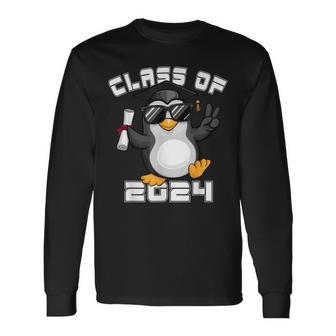 Peace Sign Hand Penguin Class Of 2024 Graduation Long Sleeve T-Shirt - Seseable