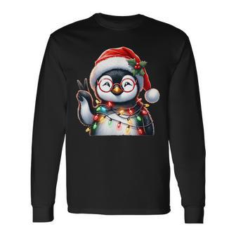 Peace Sign Hand Penguin Santa Christmas Penguin Pajamas Long Sleeve T-Shirt - Monsterry AU