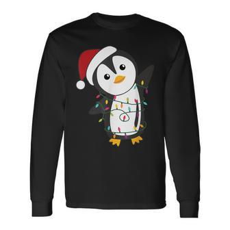 Penguin Christmas Santa Clauses Fairy Lights Penguins Long Sleeve T-Shirt - Monsterry