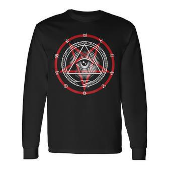 Pentagram With Occult Symbols God Eye & Snake Eating Itself Long Sleeve T-Shirt - Monsterry