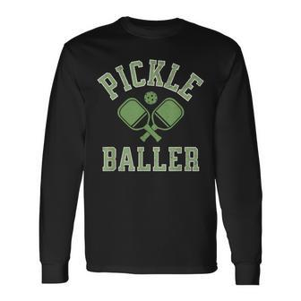 Pickle Baller Distressed Retro Athletic Pickleball Long Sleeve T-Shirt - Monsterry UK