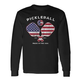 Pickleball Vintage Usa American Flag Distressed Long Sleeve T-Shirt - Monsterry