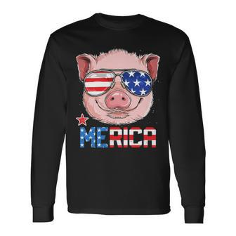 Pig 4Th Of July Merica American Flag Sunglasses Long Sleeve T-Shirt | Mazezy