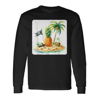 Pineapple Pirate On Distant Isle Hat Map Palm Trees Sand Long Sleeve T-Shirt - Monsterry UK