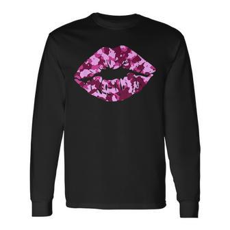 Pink Camo Kiss Military Soldier Camouflage Lips Long Sleeve T-Shirt - Monsterry