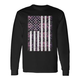 Pink Deer Hunting Camo Camouflage American Flag Back Print Long Sleeve T-Shirt - Monsterry UK