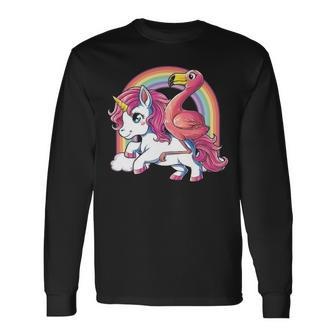 Pink Flamingo Unicorn Bird Lovers Squad Rainbow Long Sleeve T-Shirt | Mazezy