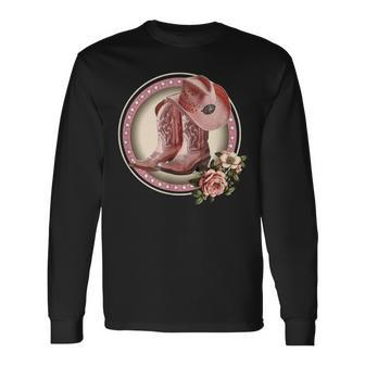Pinks & Boots Vintage Cowboy Boots Cowgirl Hat Western Long Sleeve T-Shirt - Monsterry UK