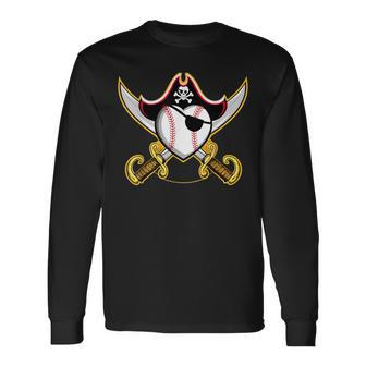 Pirate Baseball Heart Skull Pirate Long Sleeve T-Shirt - Monsterry DE