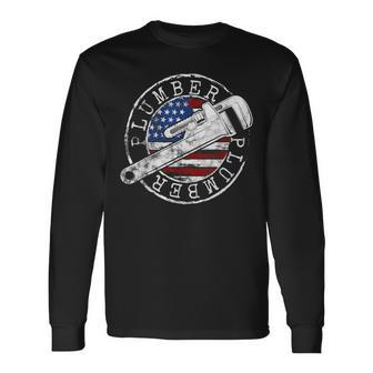 Plumber American Flag Plumbing Usa Patriot Stamp Style Long Sleeve T-Shirt - Monsterry