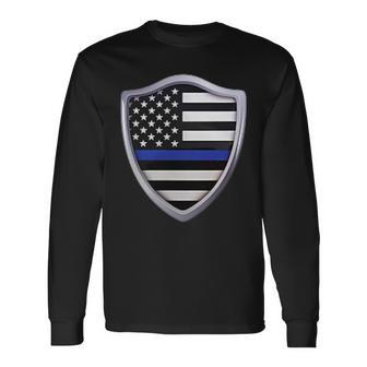 Police Blue Line Us Flag Police Shield Blue Lives Matter Long Sleeve T-Shirt - Monsterry AU