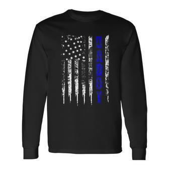 Police Daddy Blue Line Fathers Day Distressed Long Sleeve T-Shirt - Monsterry