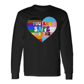 Progress Pride Love Flag Heart Lgbtq You Are Safe With Me Long Sleeve T-Shirt - Monsterry