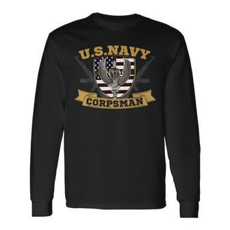 Proud Us Navy Corpsman Veteran Usa Flag Vintage Long Sleeve T-Shirt - Monsterry DE