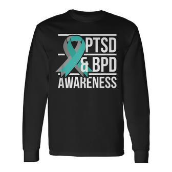 Ptsd & Bpd Awareness Teal And Grey Ribbon Long Sleeve T-Shirt - Monsterry