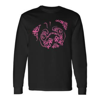 Pug Face Breast Cancer Awareness Cute Dog Pink Ribbon Long Sleeve T-Shirt | Mazezy