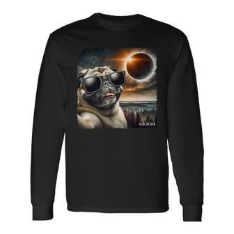 Pug Glasses Taking A Selfie With Solar 2024 Eclipse Long Sleeve T-Shirt - Monsterry