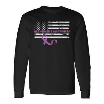 Purple Ribbon Alzheimer's Awareness Us Flag Long Sleeve T-Shirt - Monsterry