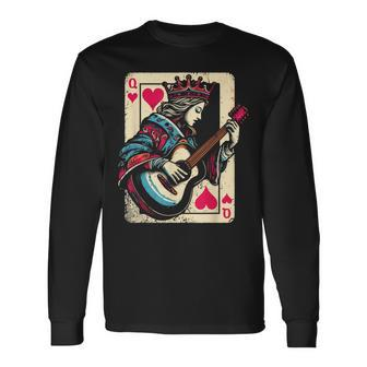 Queen Of Hearts Guitarist Vintage Guitar Card Game Lover Long Sleeve T-Shirt - Monsterry