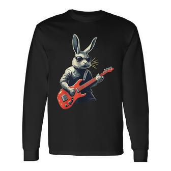 Rabbit Bunny Wearing Sunglasses Playing Guitar Musician Long Sleeve T-Shirt - Seseable