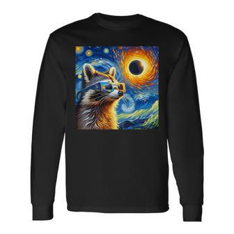 Raccoon Total Solar Eclipse 2024 Van Gogh Raccoon Glasses Long Sleeve T-Shirt - Seseable