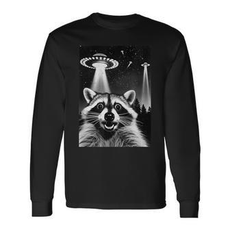 Raccoon Ufo Invasion Meme Alien Raccoon Ufo Selfie Long Sleeve T-Shirt - Monsterry