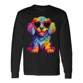 Rainbow Cute Dog Wearing Glasses Heart Puppy Love Dog Long Sleeve T-Shirt | Mazezy