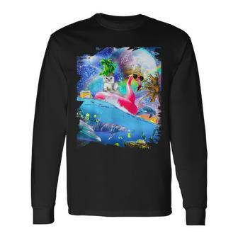 Rainbow Space Galaxy Cat On Flamingo Dolphin Long Sleeve T-Shirt - Monsterry