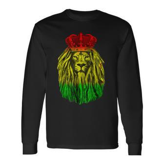 Rasta Lion & King Crown Reggae Rastafari Dreadlock Lion Long Sleeve T-Shirt - Seseable