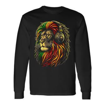 Rasta Reggae Music Headphones Jamaican Lion Judah Long Sleeve T-Shirt - Seseable