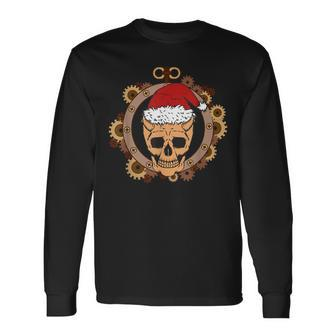 Retro Christmas Steampunk Skull Vintage Gears Goth Long Sleeve T-Shirt - Monsterry AU