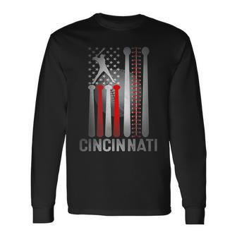 Retro Cincinnati American Flag Distressed Baseball Fans Long Sleeve T-Shirt - Seseable