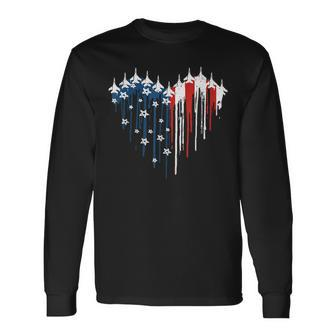 Retro Fighter Jet Airplane American Flag Heart 4Th Of July Long Sleeve T-Shirt | Mazezy AU