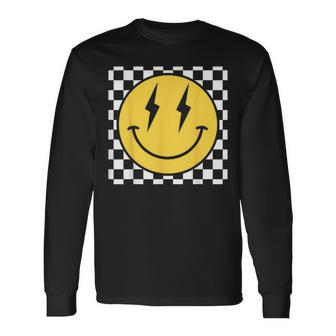 Retro Happy Face Distressed Checkered Pattern Smile Face Long Sleeve T-Shirt - Seseable
