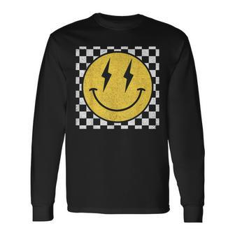 Retro Happy Face Distressed Checkered Pattern Smile Face Long Sleeve T-Shirt - Monsterry