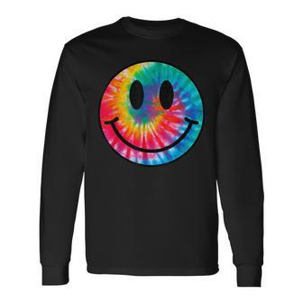 Retro Happy Face Tie Dye Checkered Pattern Smile Face Trendy Long Sleeve T-Shirt - Seseable