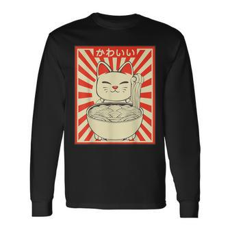Retro Kawaii Cat Kitten Ramen Japanese Kitchen Culture Langarmshirts - Seseable