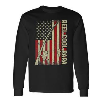 Retro Reel Cool Papa American Flag Fishing Fathers Day Dad Long Sleeve T-Shirt - Monsterry AU