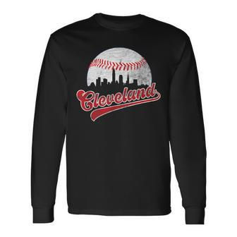 Retro Skyline Cleveland Baseball Long Sleeve T-Shirt - Seseable