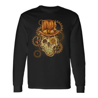 Retro Steampunk Skull Vintage Gears Goth Long Sleeve T-Shirt - Monsterry AU