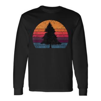 Retro Sun Minimalist Pine Tree Long Sleeve T-Shirt - Monsterry