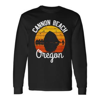 Retro Sunset Haystack Rock Souvenir Cannon Beach Long Sleeve T-Shirt - Monsterry UK