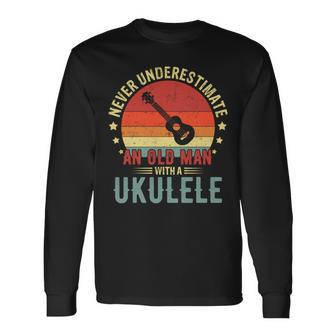 Retro Never Underestimate Old Man With A Ukulele Player Men Long Sleeve T-Shirt | Mazezy