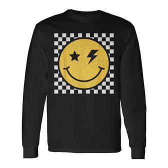 Retro Yellow Happy Face Checkered Pattern Smile Face Trendy Long Sleeve T-Shirt - Monsterry