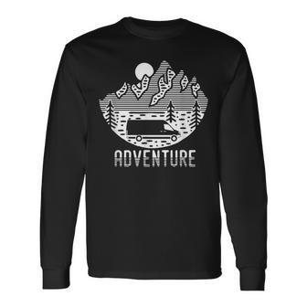 Road Trip Adventure Travel Mountain Trees Van Long Sleeve T-Shirt - Monsterry