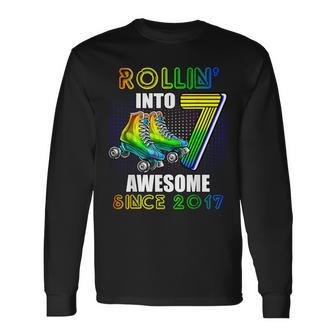 Roller Skating 7Th Birthday Boys Rollin Into 7 Awesome 2017 Long Sleeve T-Shirt - Monsterry