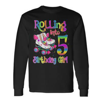 Rollin' Into 5 Roller Skating Rink 5Th Birthday Girls Party Long Sleeve T-Shirt - Seseable