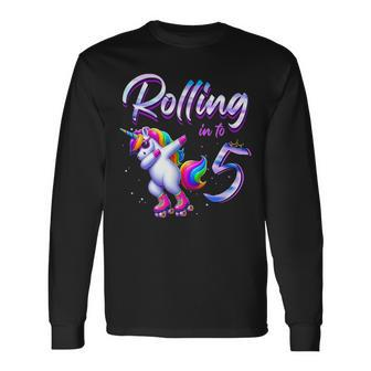 Rolling Into 5 Roller Skating Unicorn 5Th Birthday Party Long Sleeve T-Shirt | Mazezy